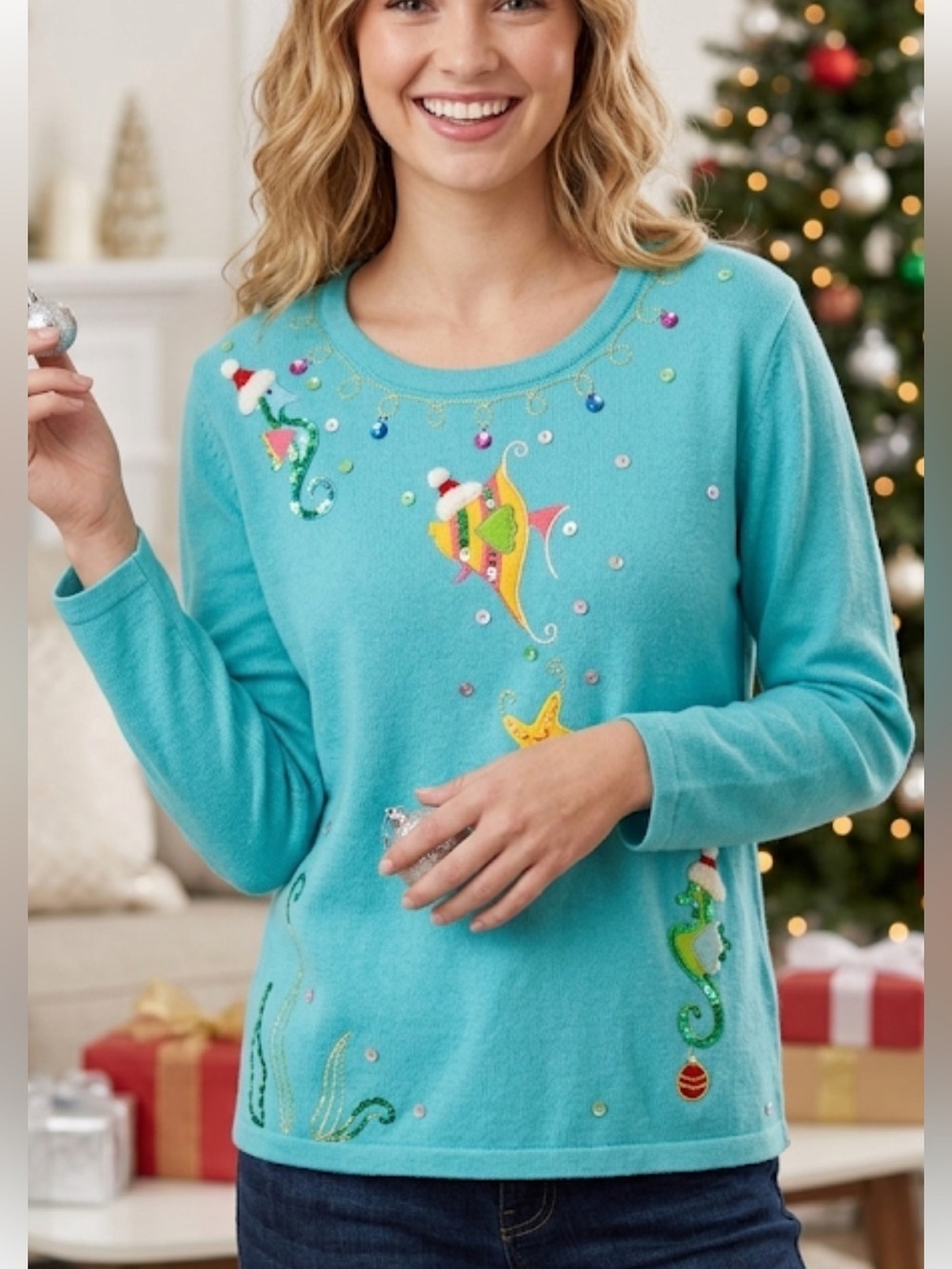 Bobbie Bell Turquoise Sea Creature Holiday Sweater Coastal Christmas XXL
